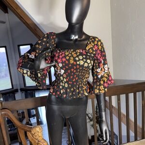 Patrons Of Peace Smocked Peasant Black Top Vibrant Flower Tiered Bell Sleeves XS